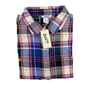 Duluth Trading Co Women 2X Free Swingin Flannel Shirt Blue Pink Plaid 74760 NEW